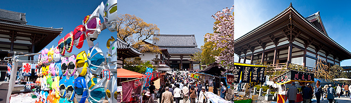 多くの参詣者が訪れ、露天商も多く出店する縁日